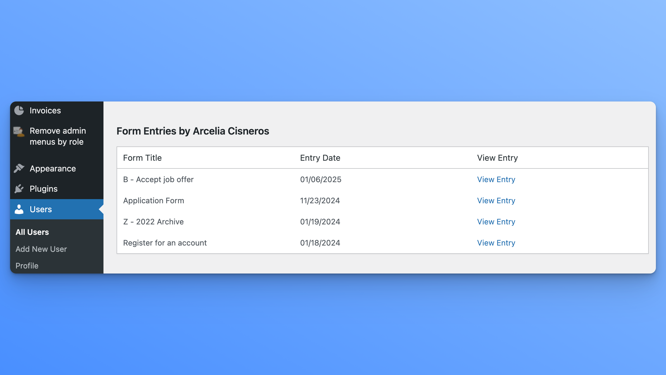 Xnapper 2025 01 21 21.48.57 — List User Entries for Gravity Forms screenshot