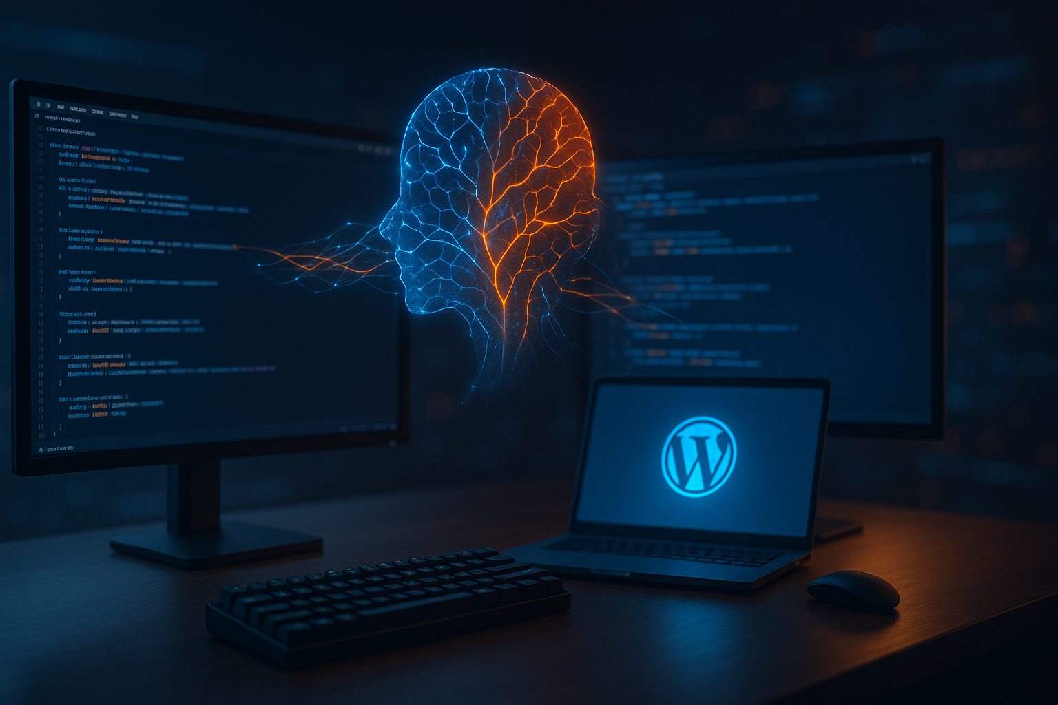 Person confidently working at computer with WordPress dashboard showing AI-enhanced content creation and optimization tools