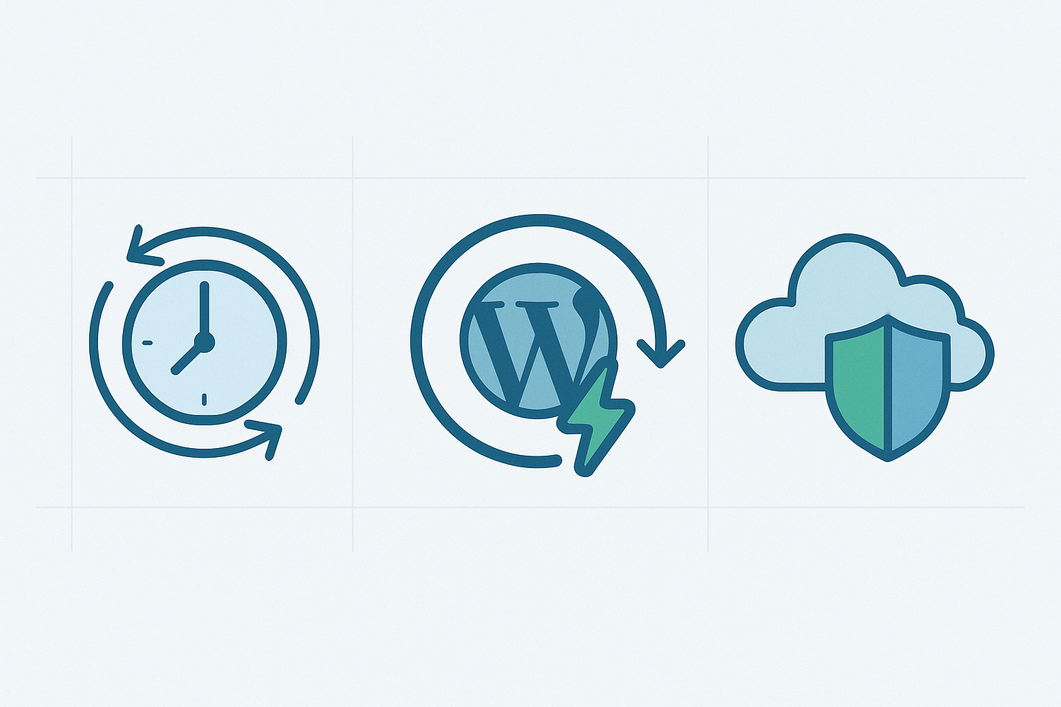 Visual comparison of three WordPress backup architectures: scheduled, real-time, and off-site cloud processing