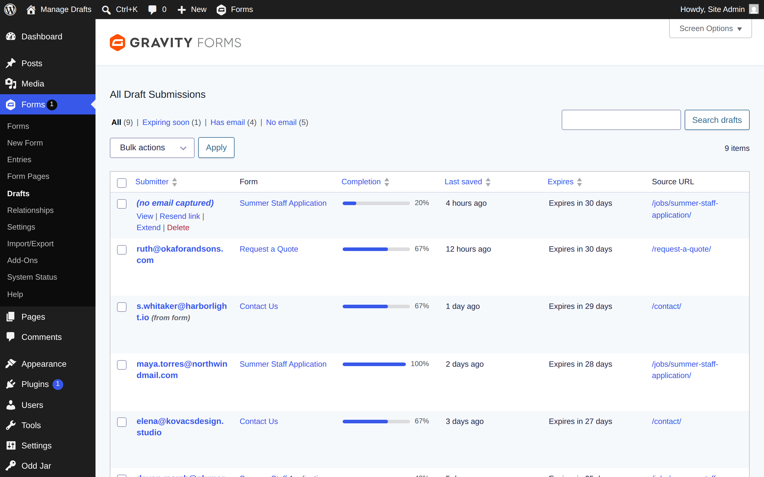 All draft submissions — Manage Drafts for Gravity Forms screenshot