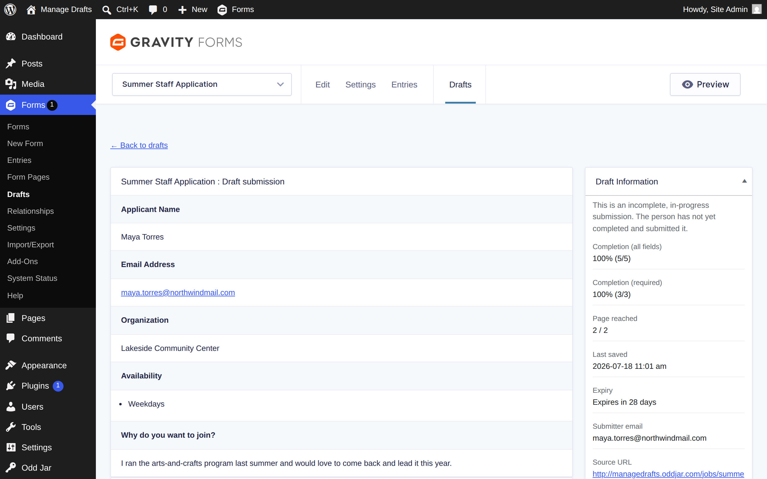 Draft detail — Manage Drafts for Gravity Forms screenshot