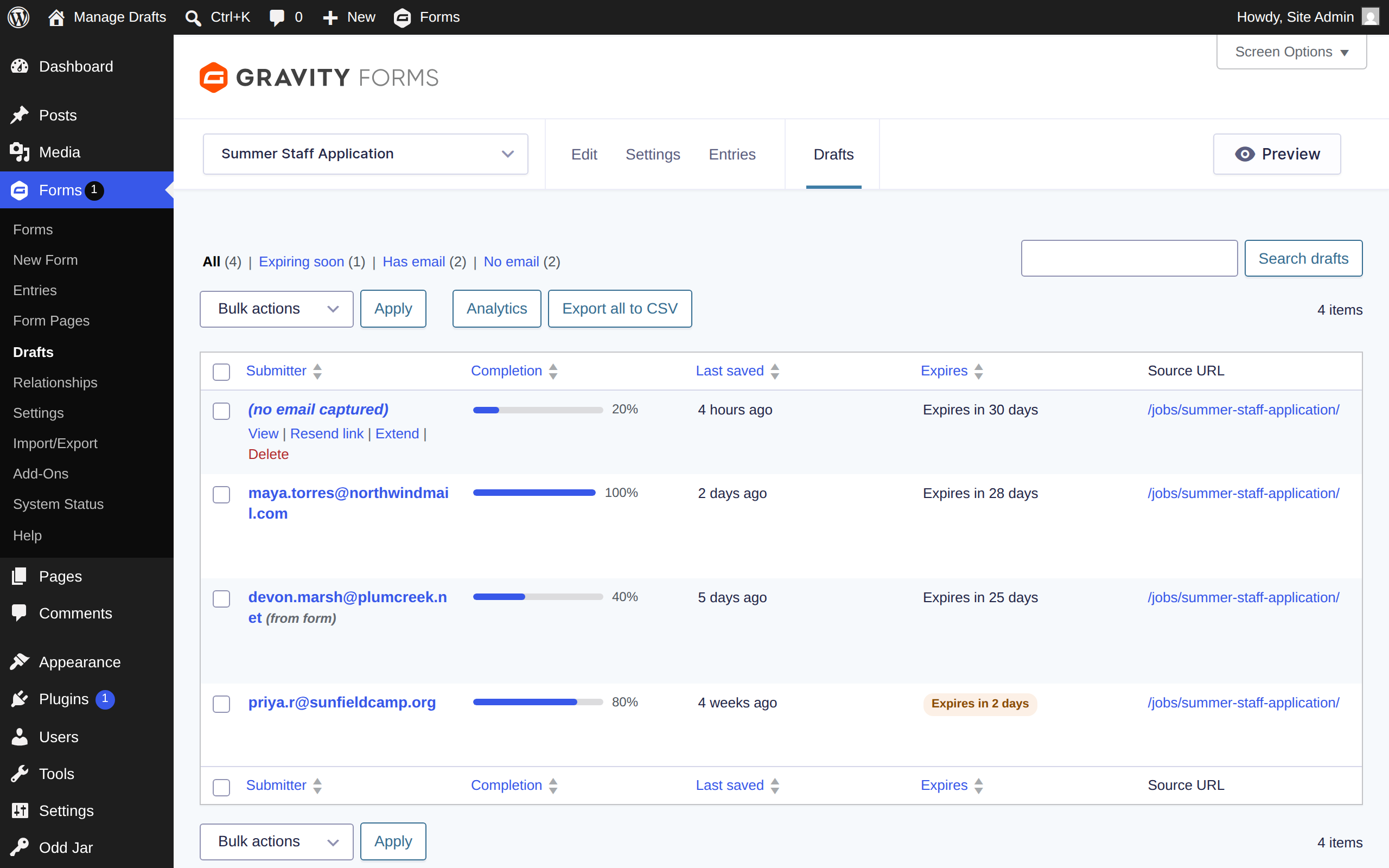 Per form drafts — Manage Drafts for Gravity Forms screenshot