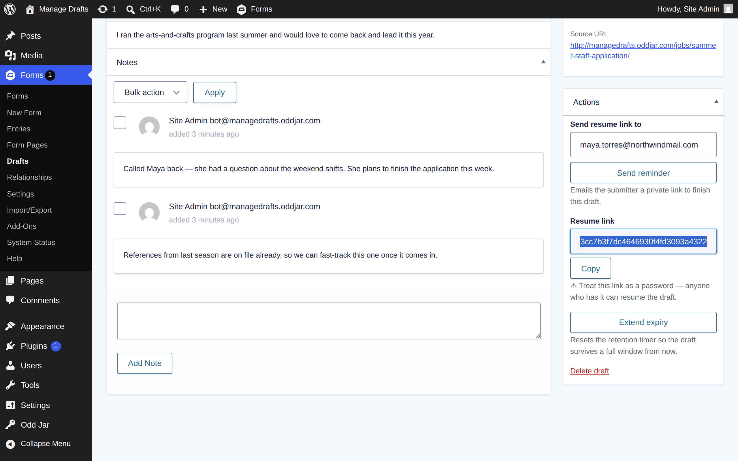 Reveal resume link — Manage Drafts for Gravity Forms screenshot