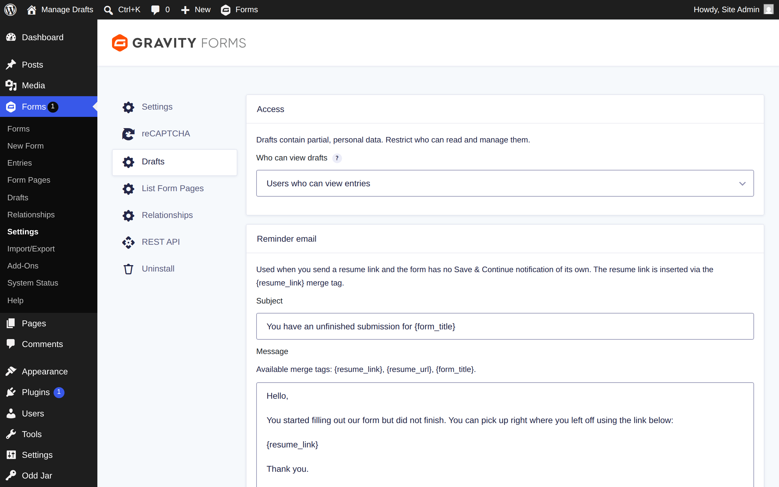 Settings — Manage Drafts for Gravity Forms screenshot
