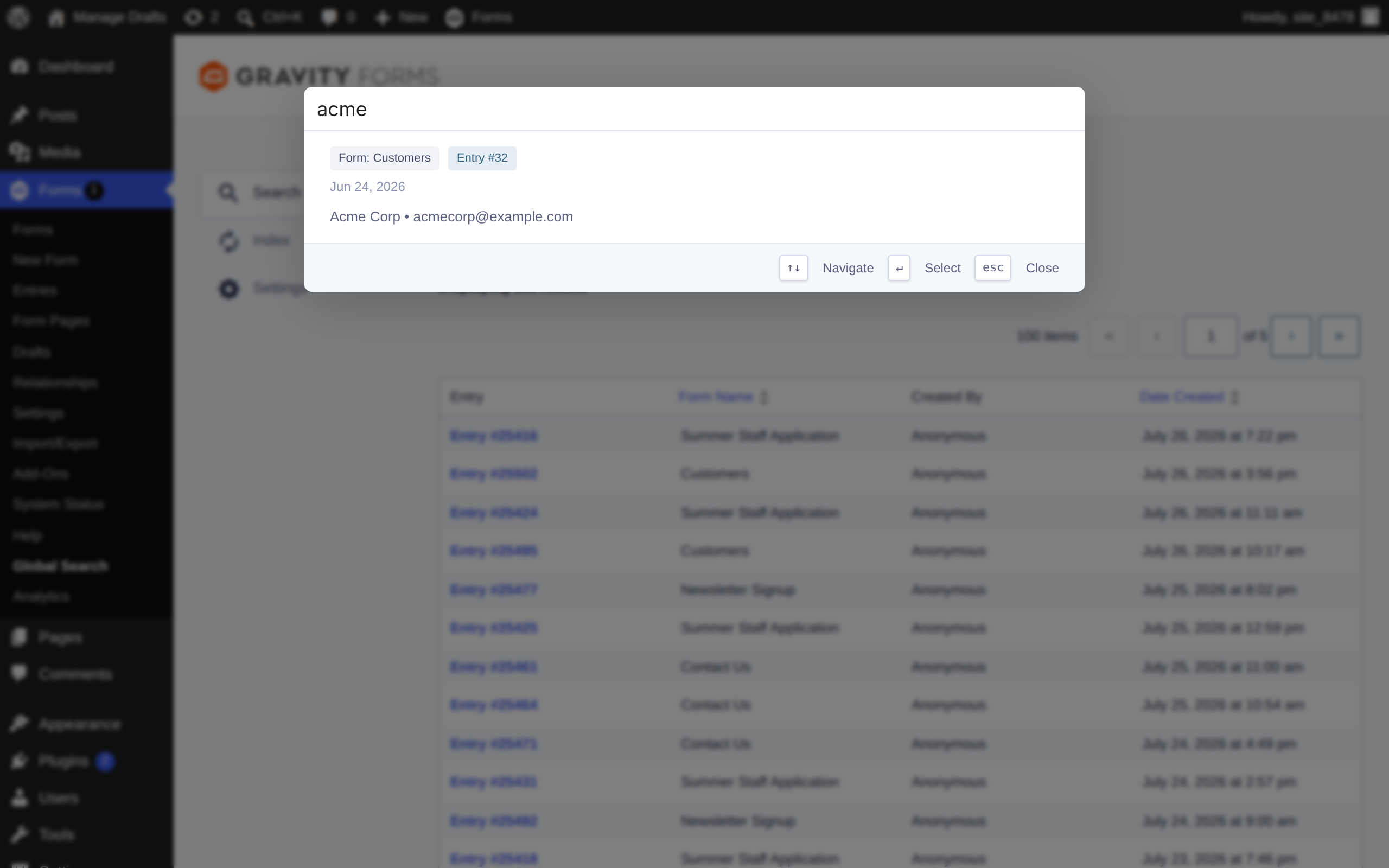 02 command bar — Global Search for Gravity Forms screenshot
