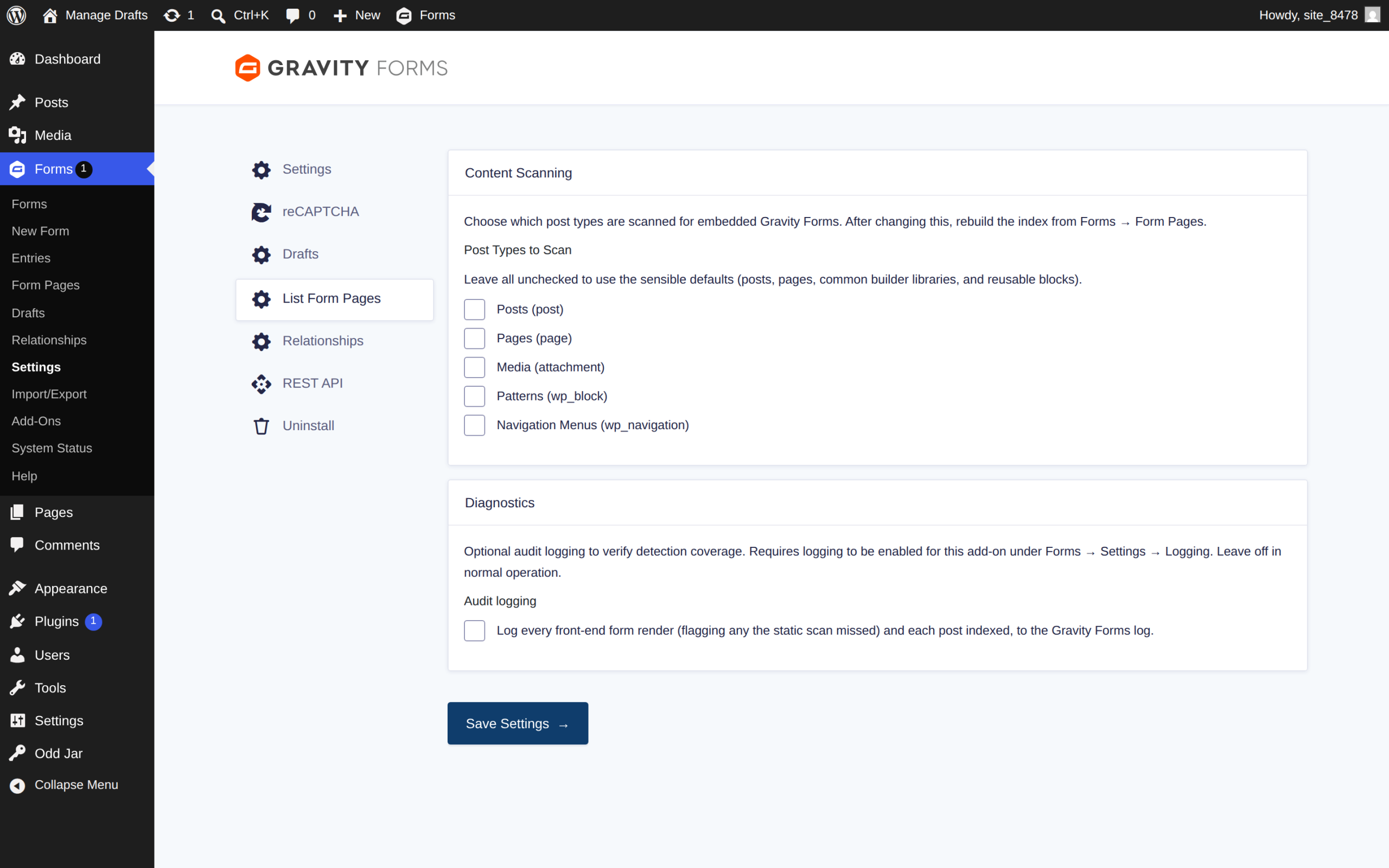 Settings scaled — List Form Pages for Gravity Forms screenshot