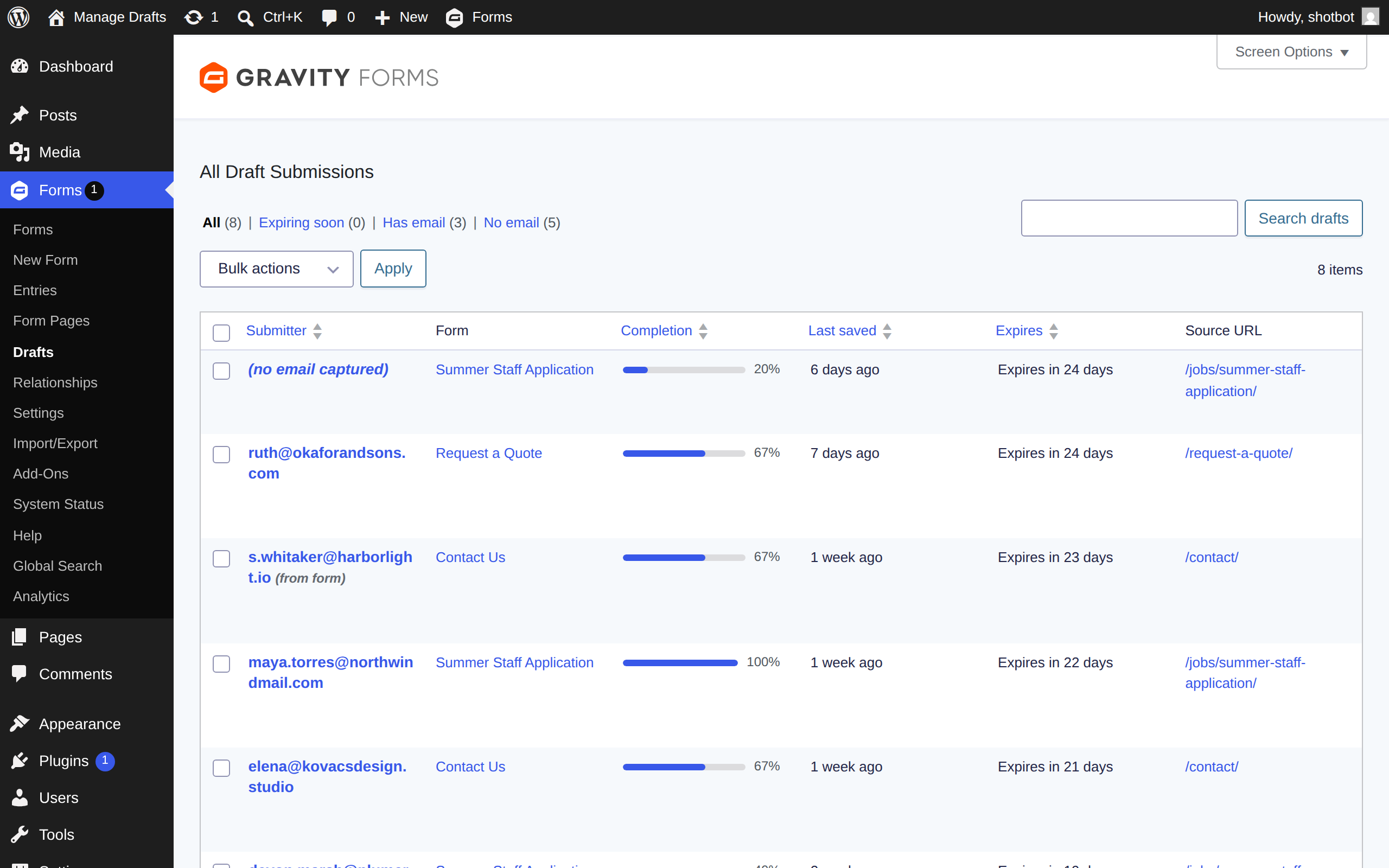 Shot 4 manage drafts — The Missing Admin Bundle for Gravity Forms screenshot