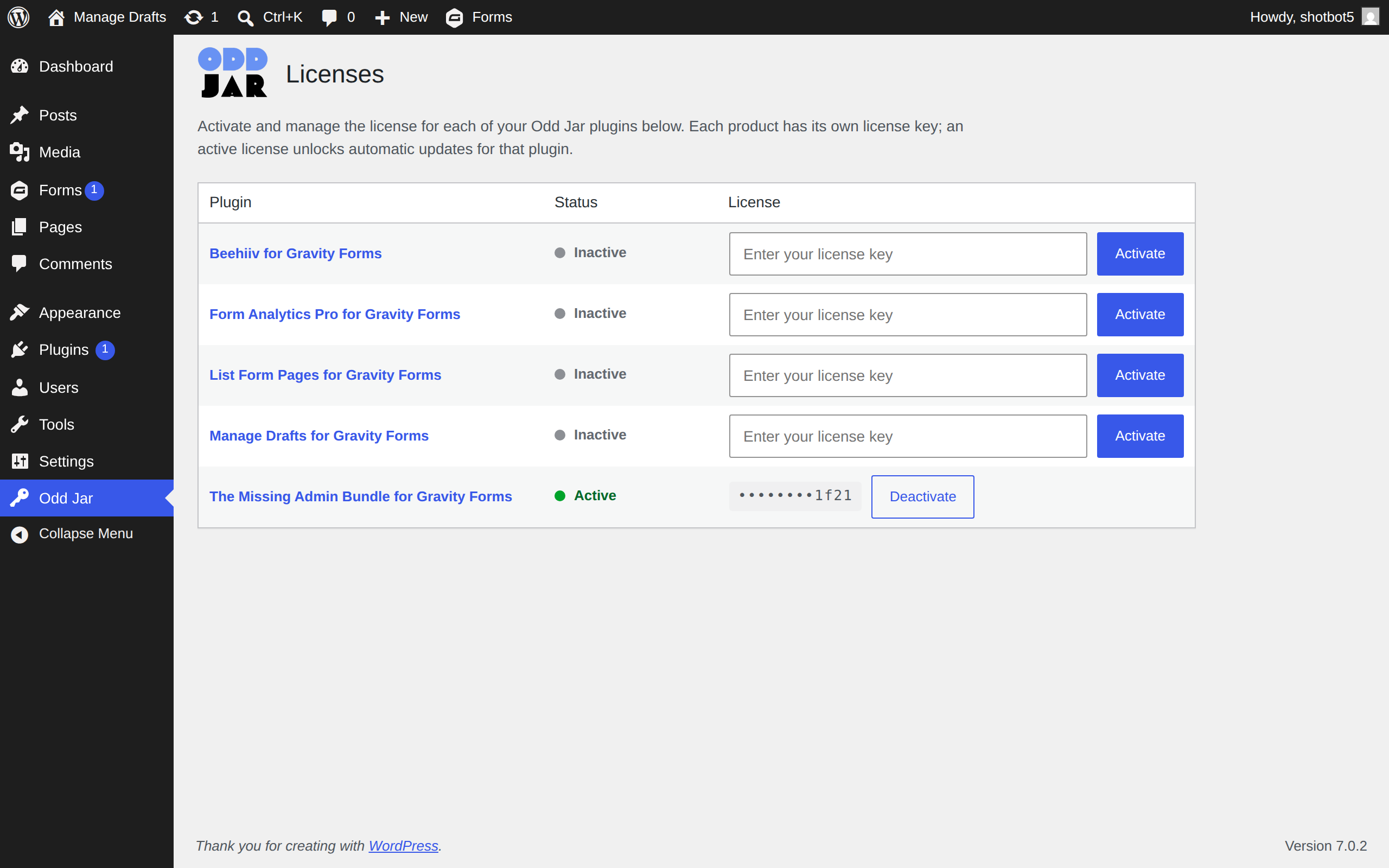 Shot 5 licenses 1 — The Missing Admin Bundle for Gravity Forms screenshot