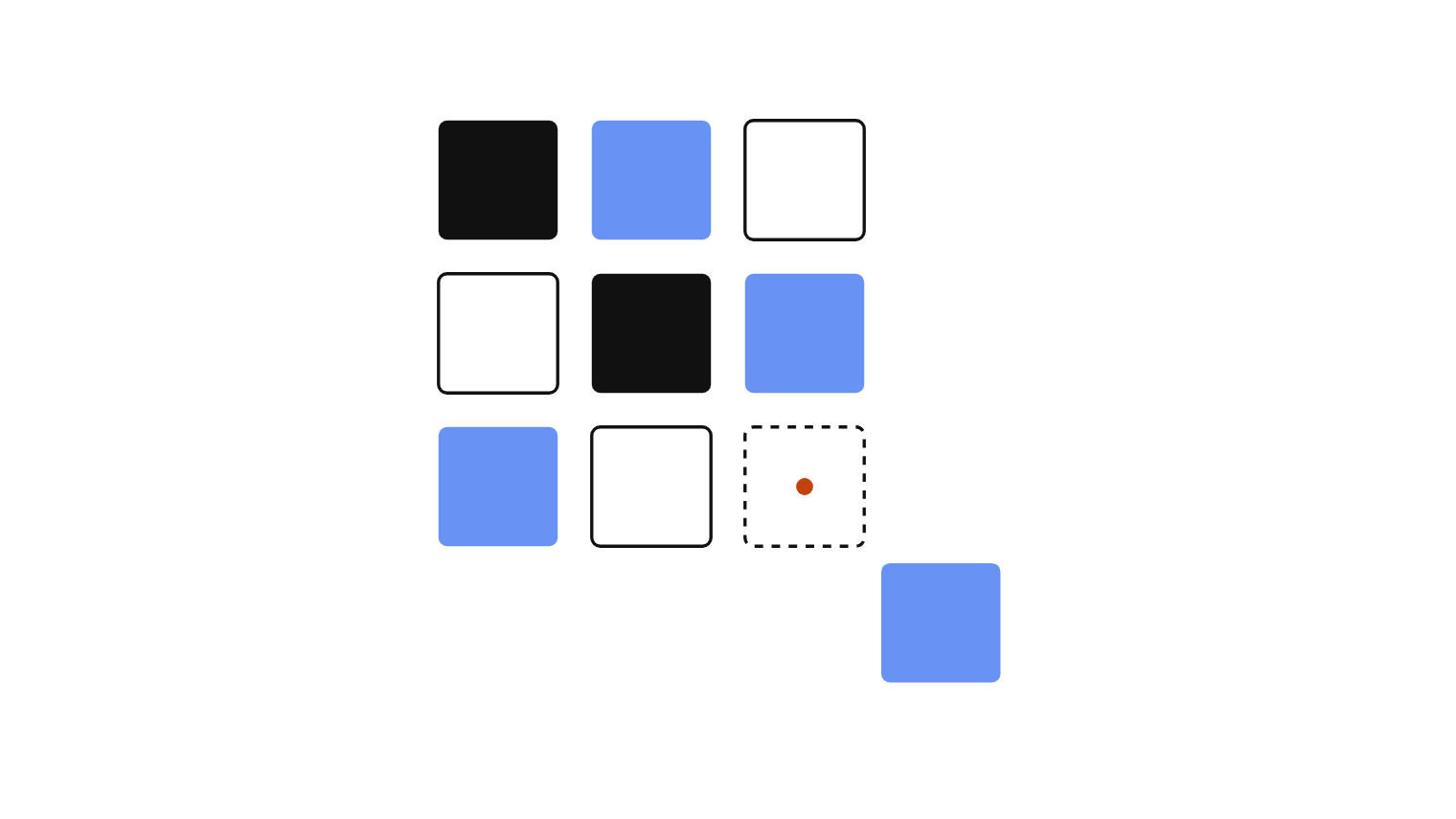 A grid of tiles with one displaced off the grid — comparing the options, finding the odd one.